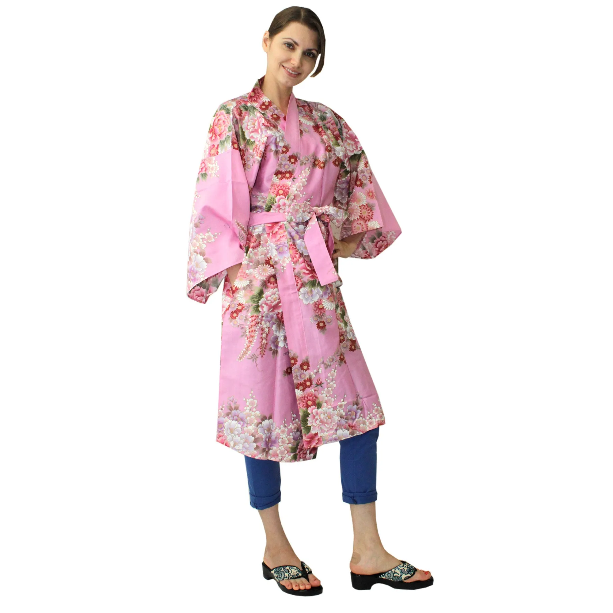 Women's Happi Coat: Kimono Robe - Flowers in Bloom Pink