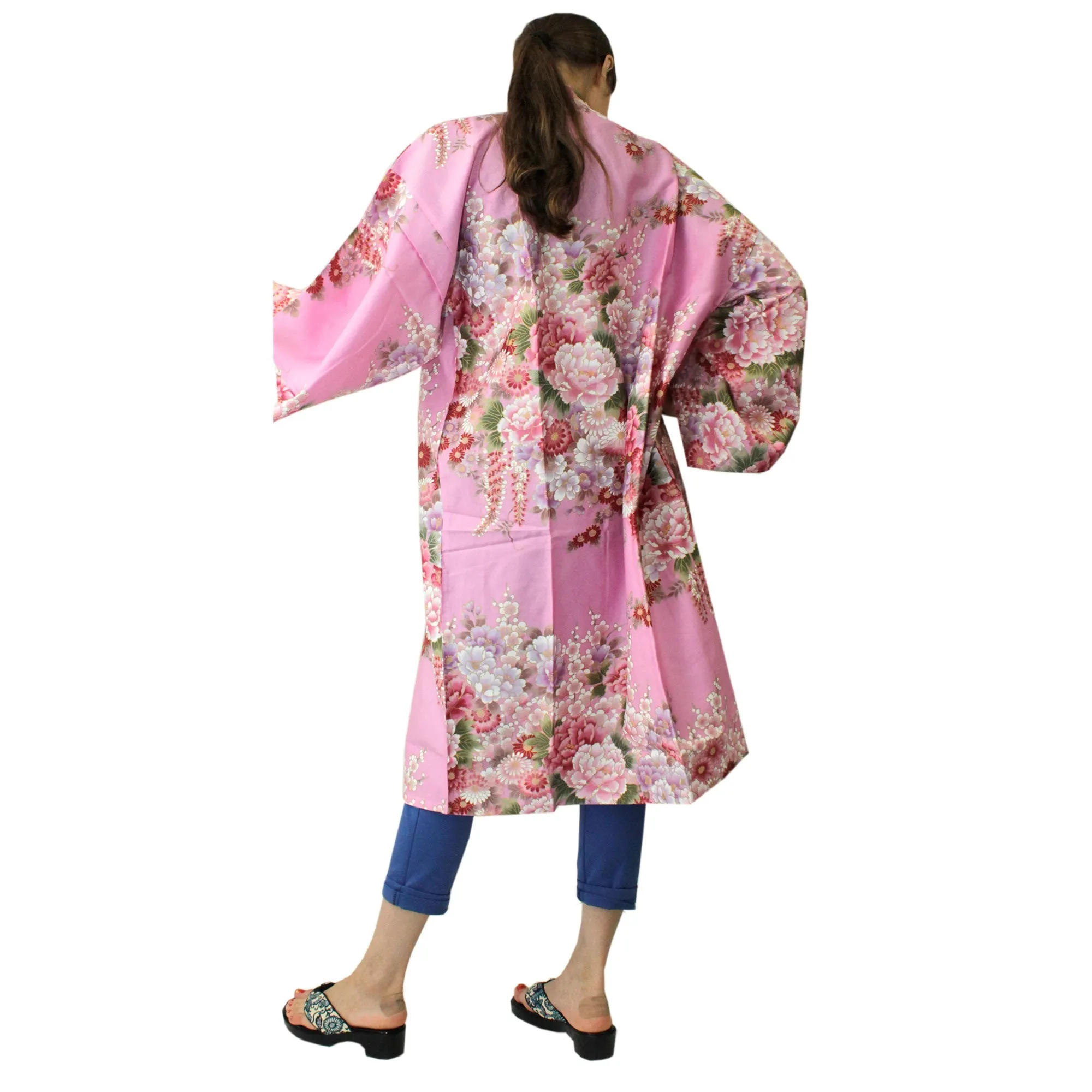 Women's Happi Coat: Kimono Robe - Flowers in Bloom Pink
