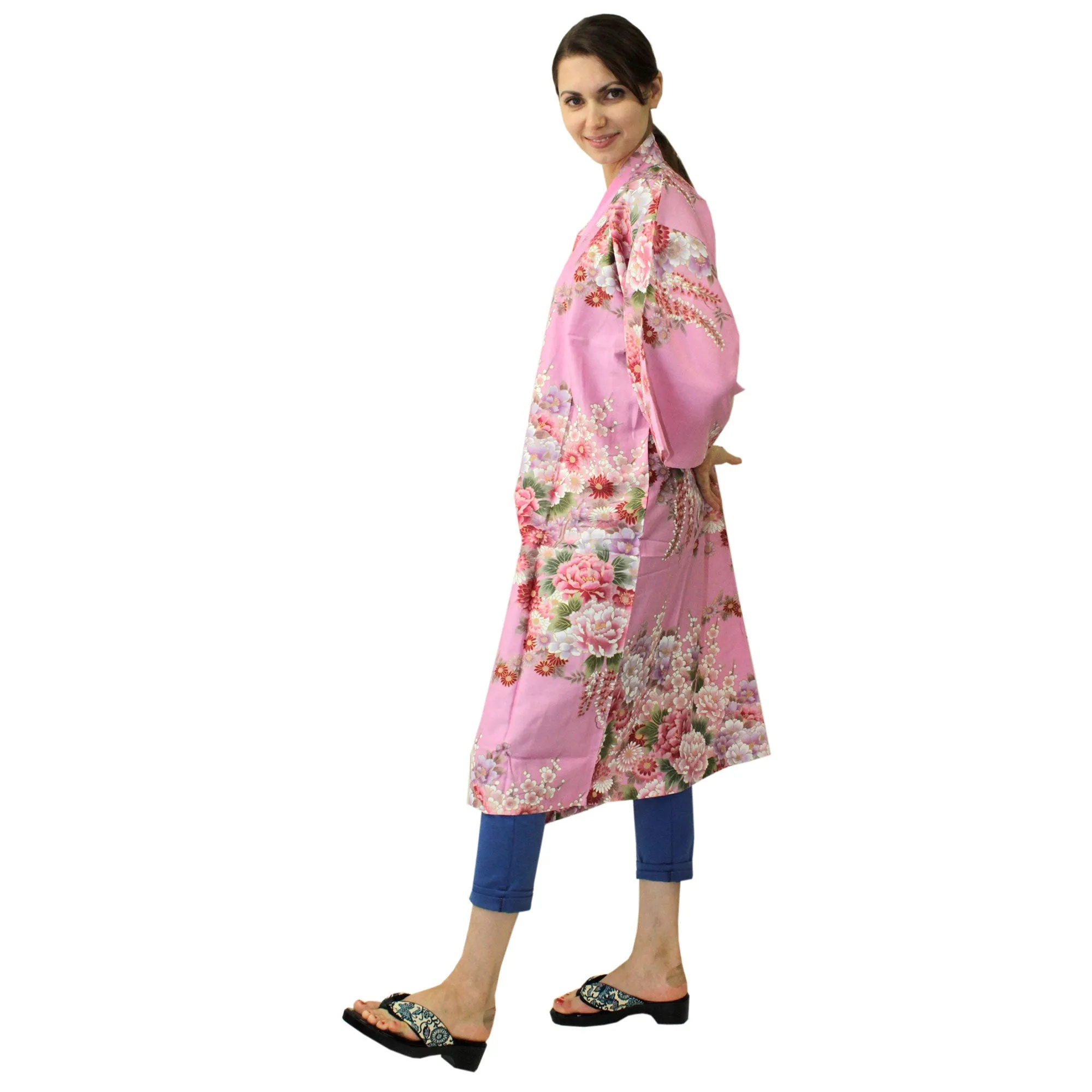 Women's Happi Coat: Kimono Robe - Flowers in Bloom Pink