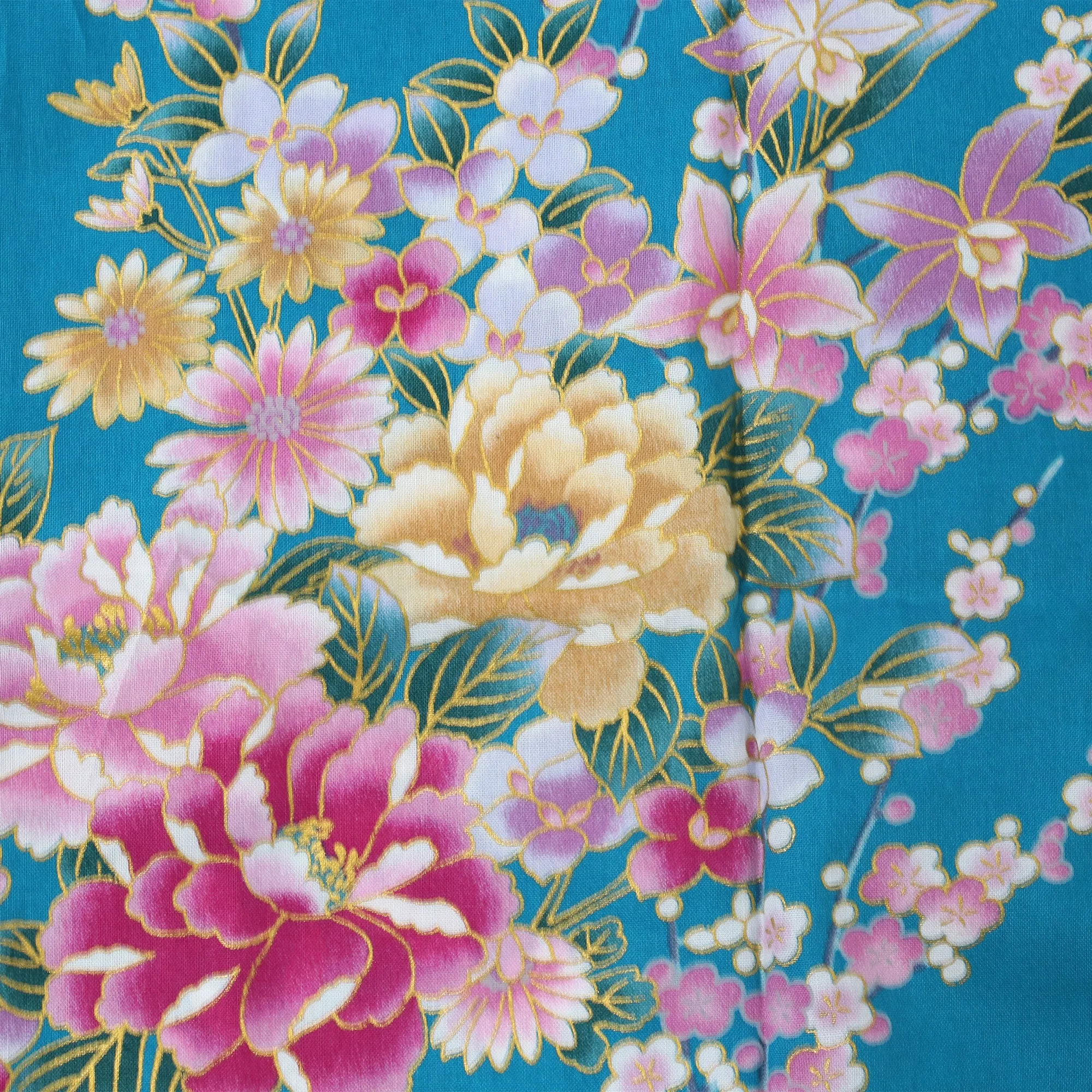 Women's Happi Coat: Kimono Robe - Peony & Orchis Turquois