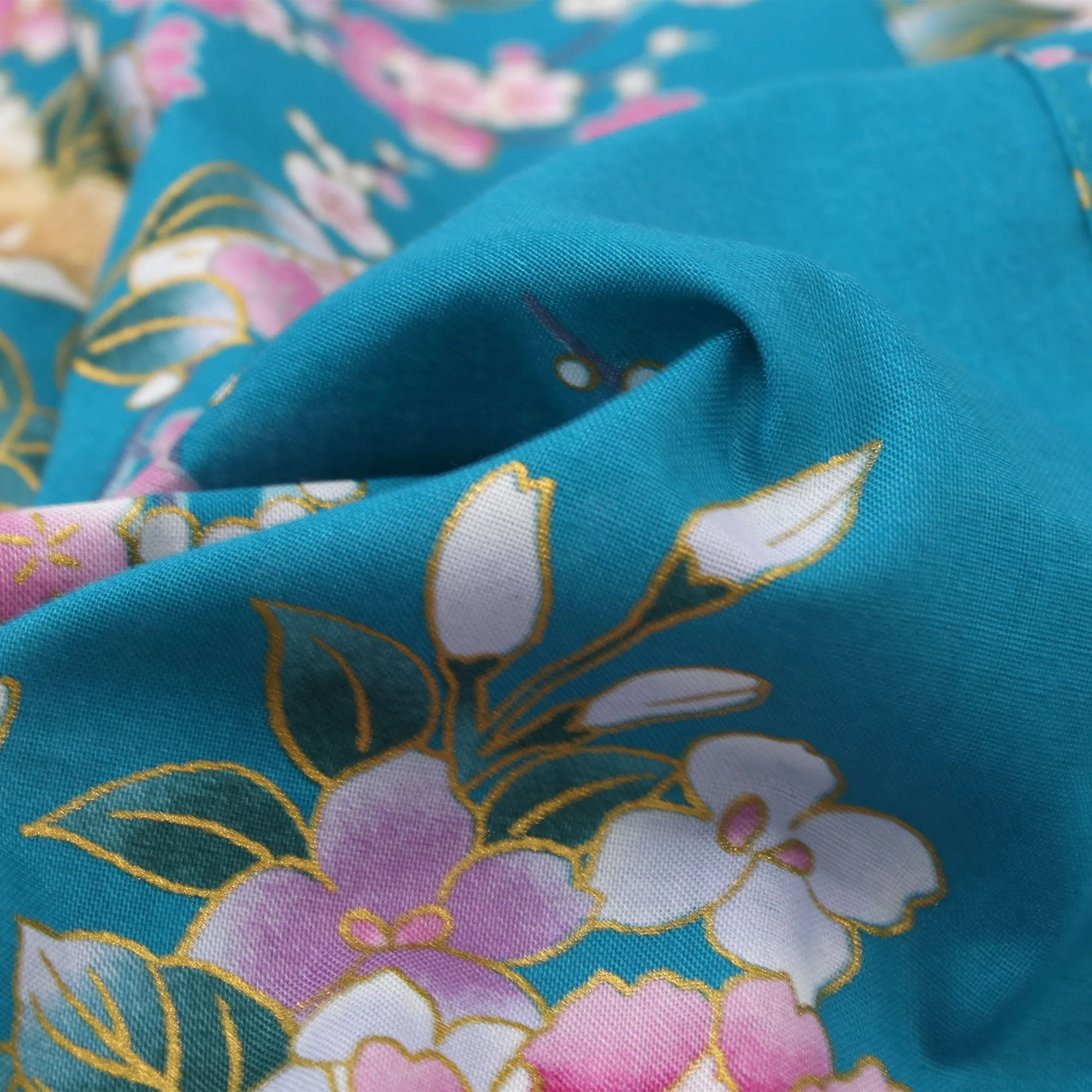 Women's Happi Coat: Kimono Robe - Peony & Orchis Turquois