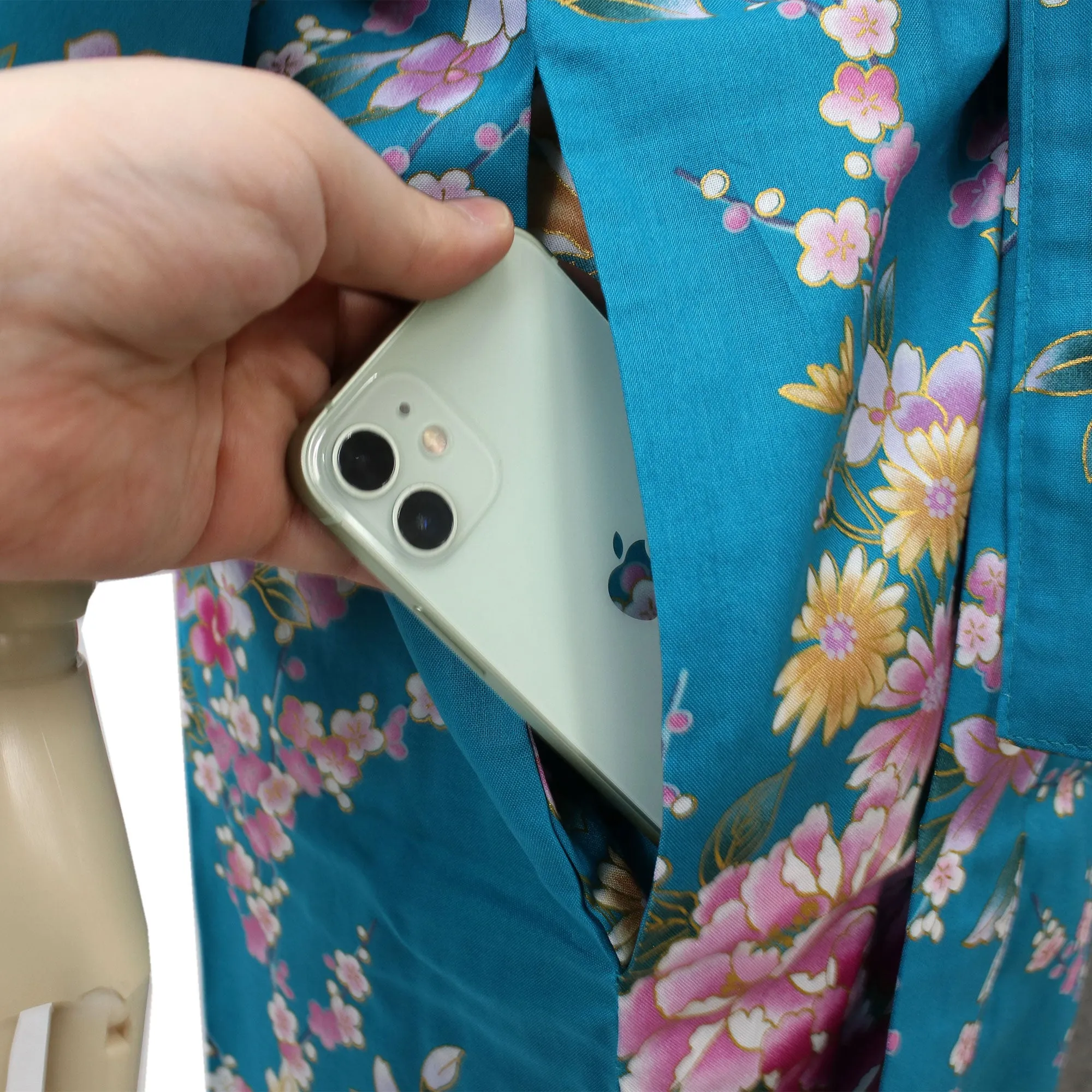 Women's Happi Coat: Kimono Robe - Peony & Orchis Turquois
