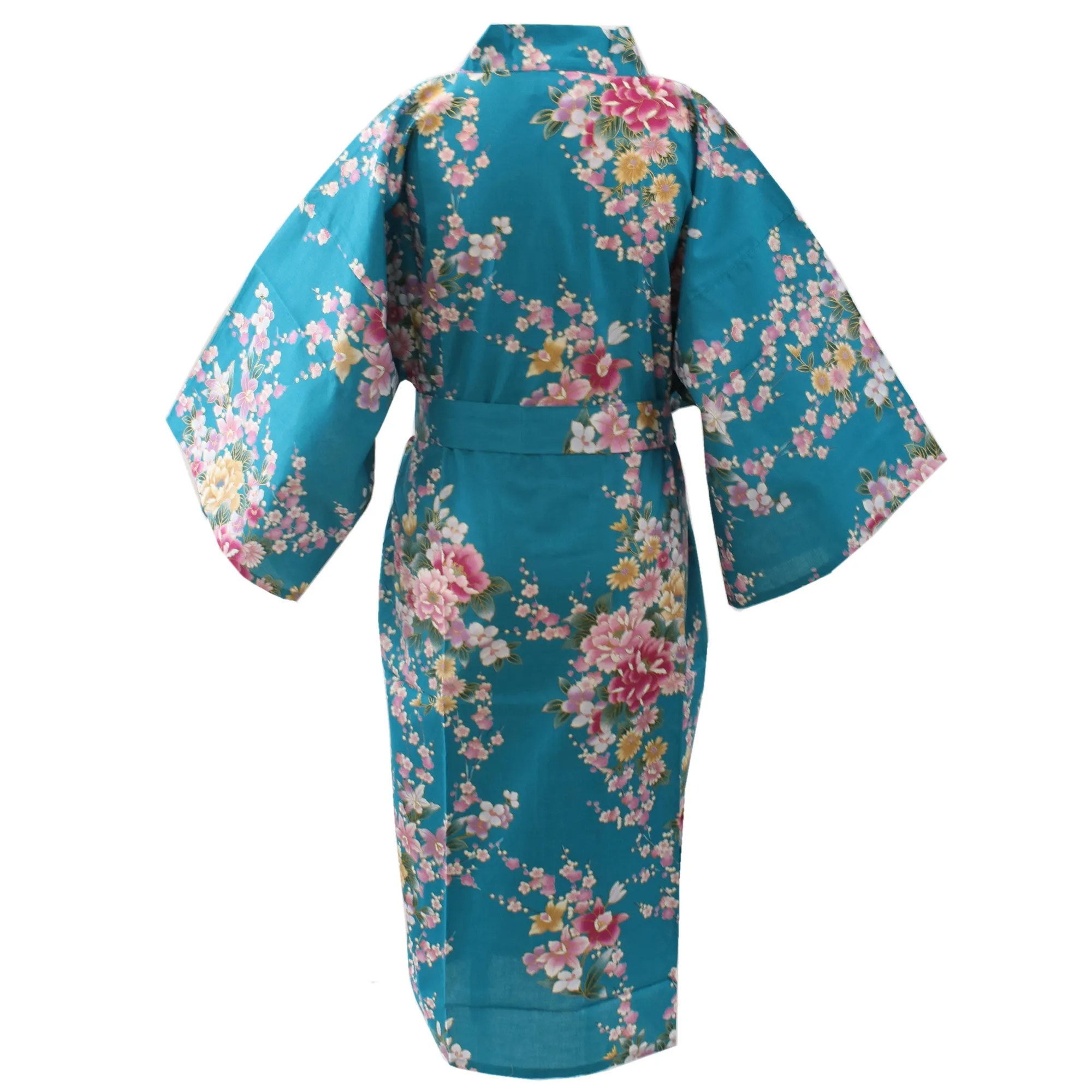 Women's Happi Coat: Kimono Robe - Peony & Orchis Turquois