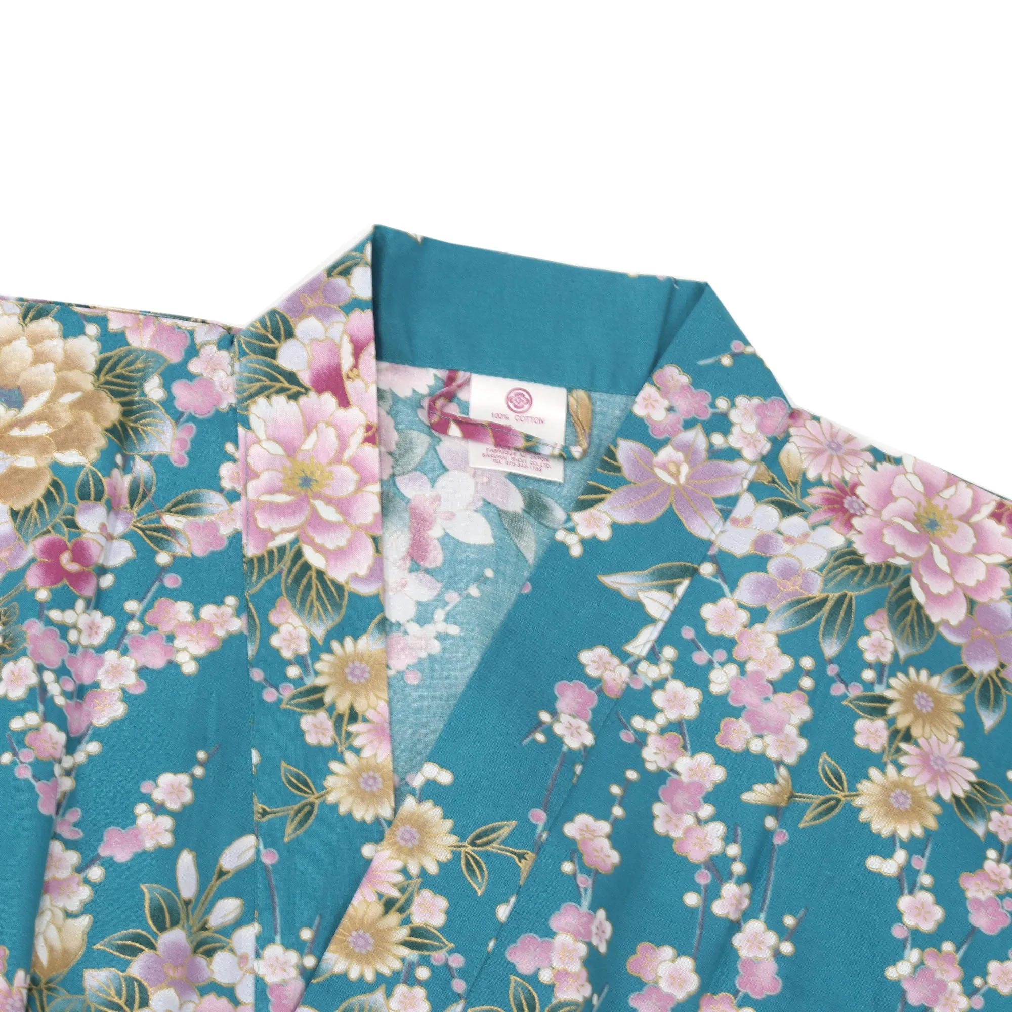 Women's Happi Coat: Kimono Robe - Peony & Orchis Turquois