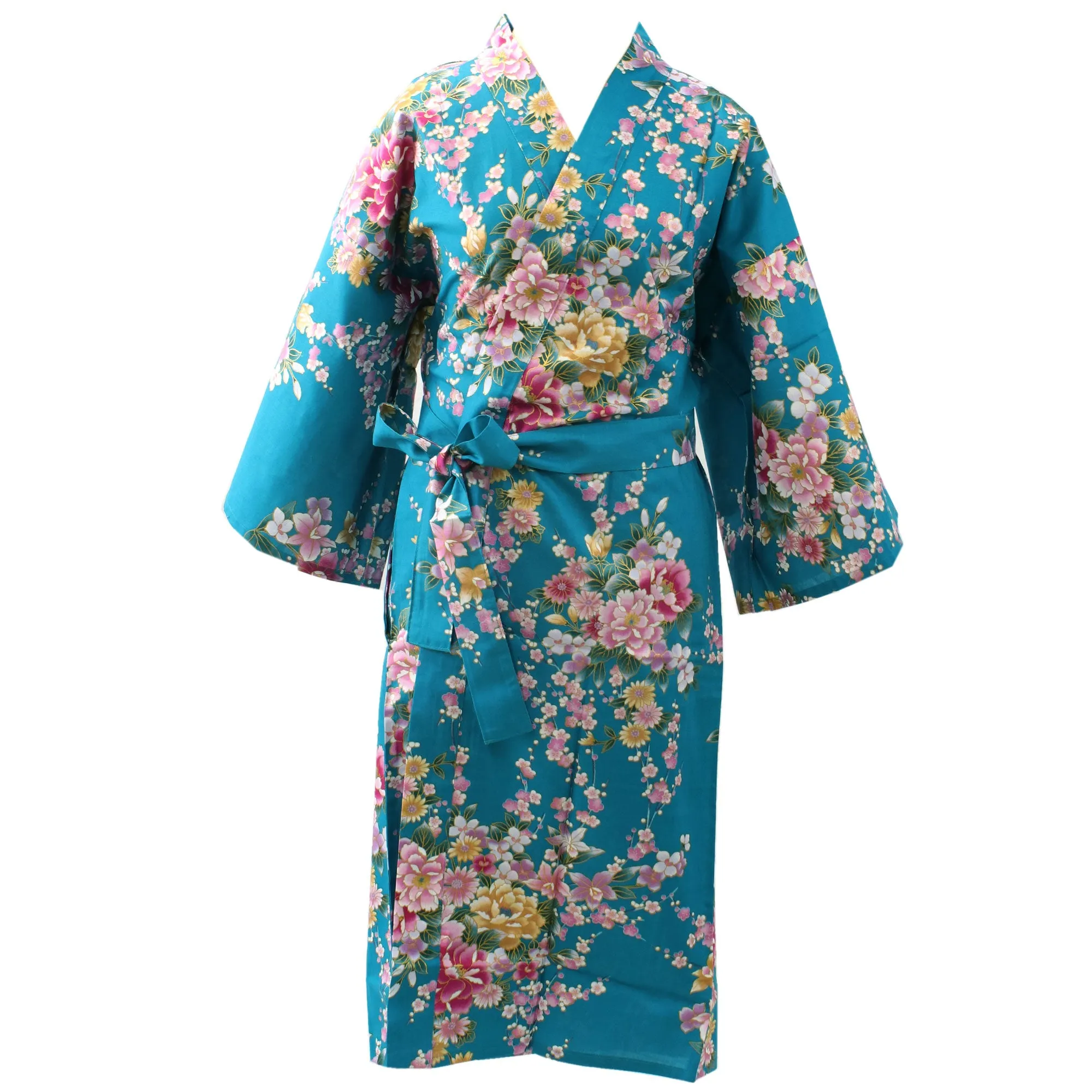 Women's Happi Coat: Kimono Robe - Peony & Orchis Turquois