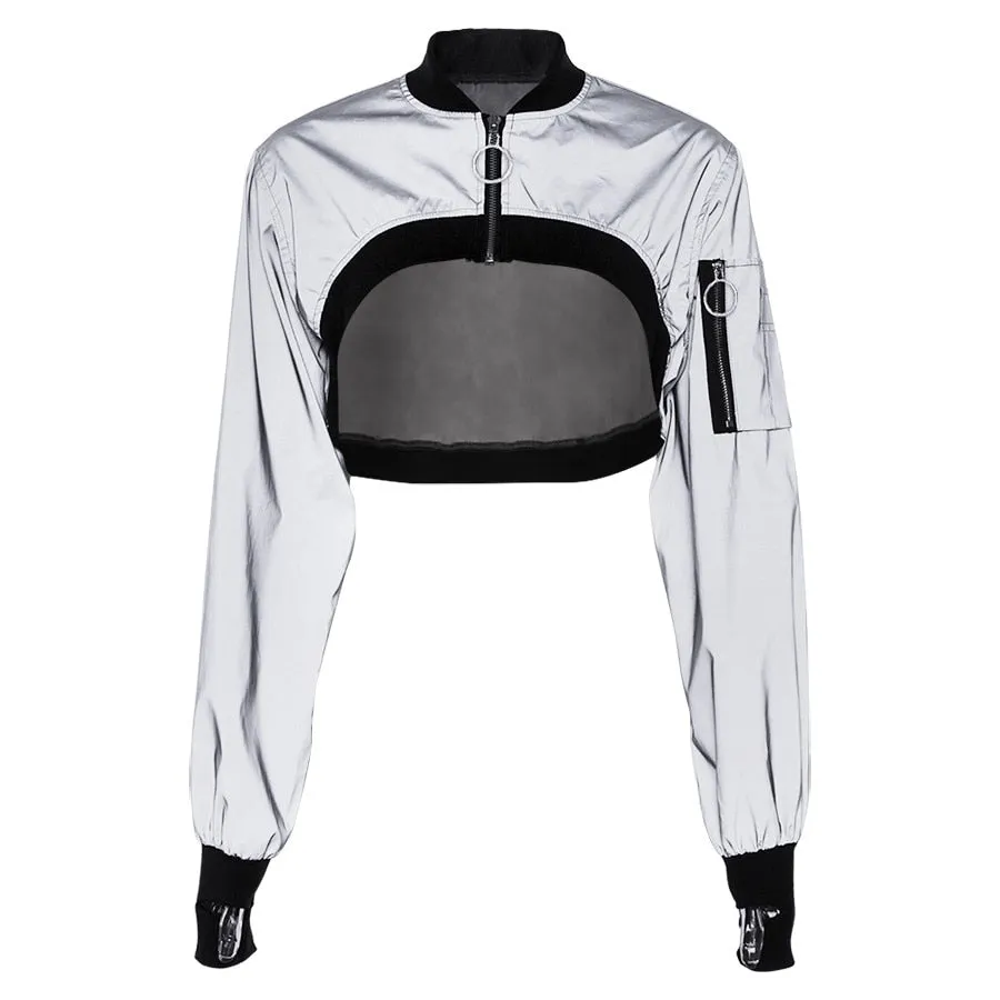 Women's Spring/Autumn Reflective Turtleneck Cropped Windbreaker | Short Bomber