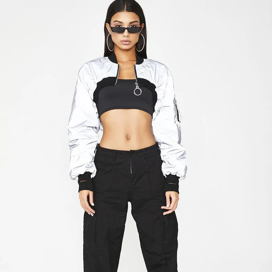 Women's Spring/Autumn Reflective Turtleneck Cropped Windbreaker | Short Bomber