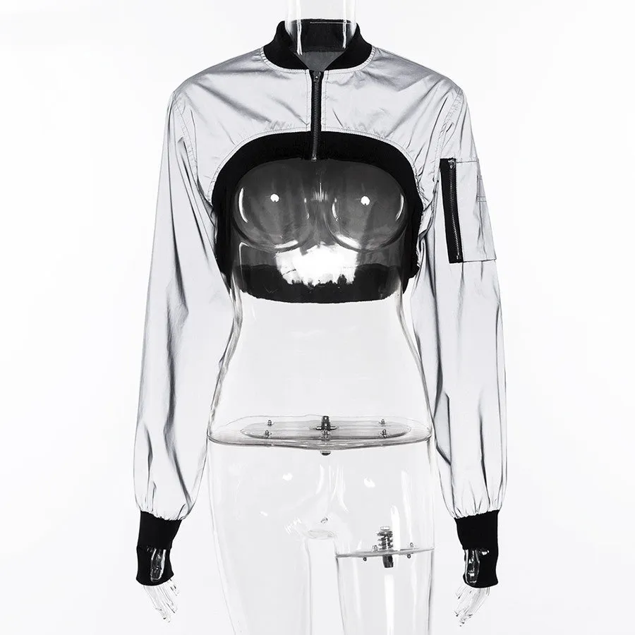 Women's Spring/Autumn Reflective Turtleneck Cropped Windbreaker | Short Bomber