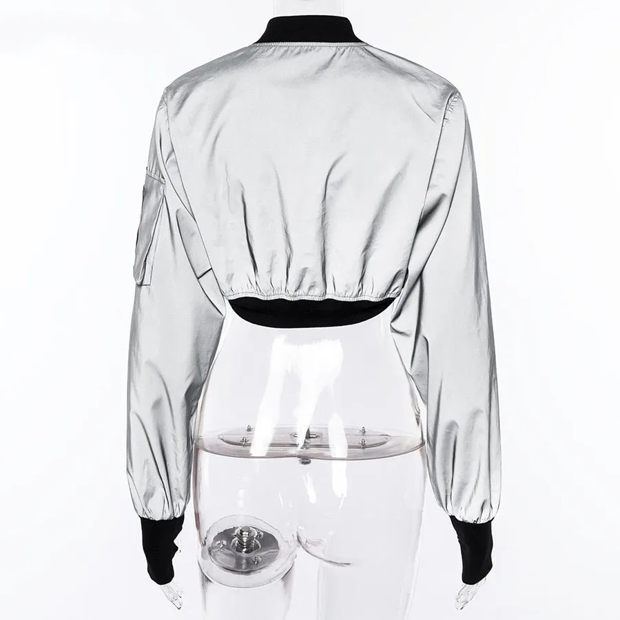 Women's Spring/Autumn Reflective Turtleneck Cropped Windbreaker | Short Bomber