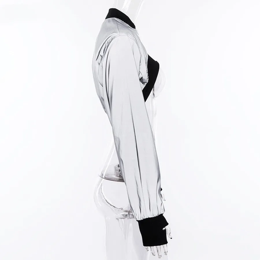Women's Spring/Autumn Reflective Turtleneck Cropped Windbreaker | Short Bomber