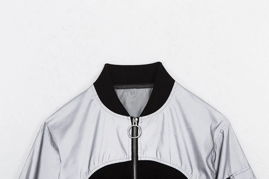 Women's Spring/Autumn Reflective Turtleneck Cropped Windbreaker | Short Bomber