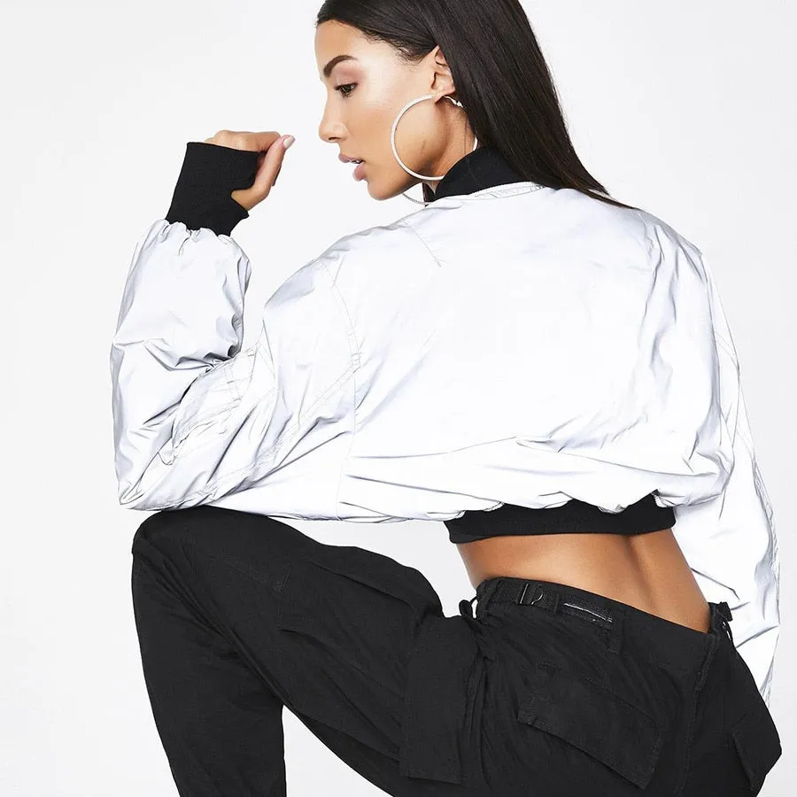 Women's Spring/Autumn Reflective Turtleneck Cropped Windbreaker | Short Bomber