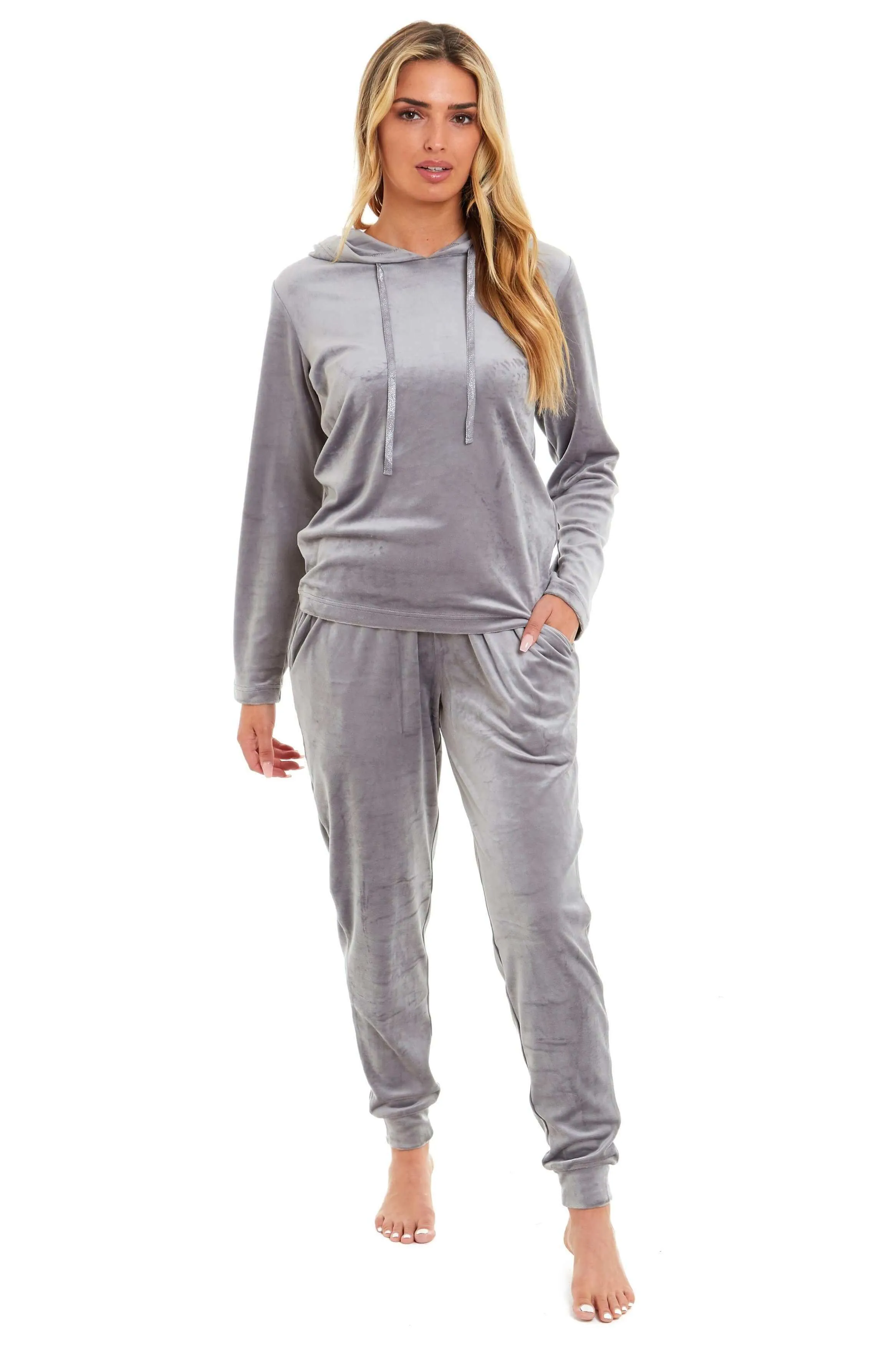 Women's Super Soft Velour Hooded Pyjama Set Comfortable Fleece Loungewear for Lounging Sleeping Pajama Parties in Pink Grey by Daisy Dreamer