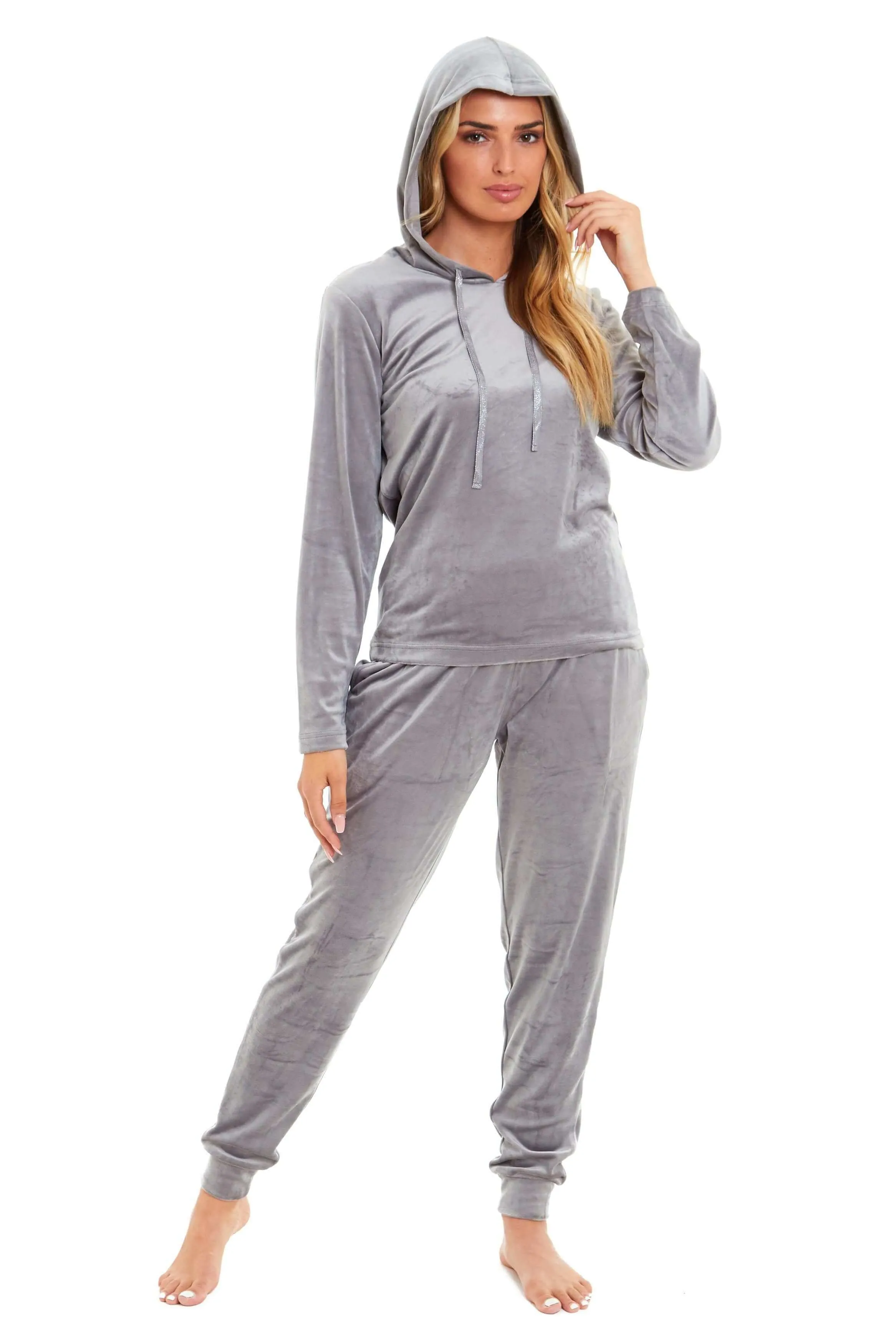 Women's Super Soft Velour Hooded Pyjama Set Comfortable Fleece Loungewear for Lounging Sleeping Pajama Parties in Pink Grey by Daisy Dreamer