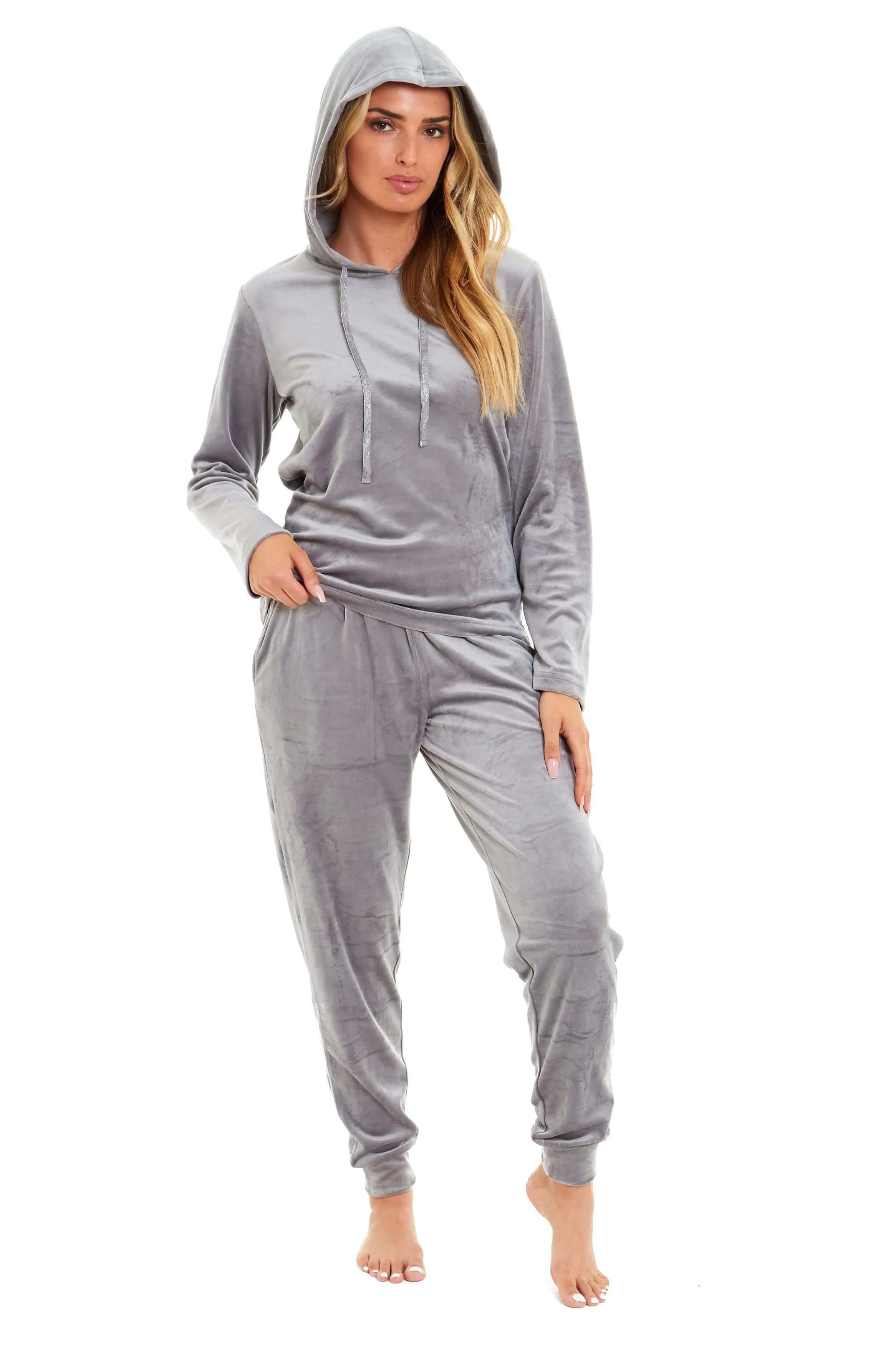 Women's Super Soft Velour Hooded Pyjama Set Comfortable Fleece Loungewear for Lounging Sleeping Pajama Parties in Pink Grey by Daisy Dreamer