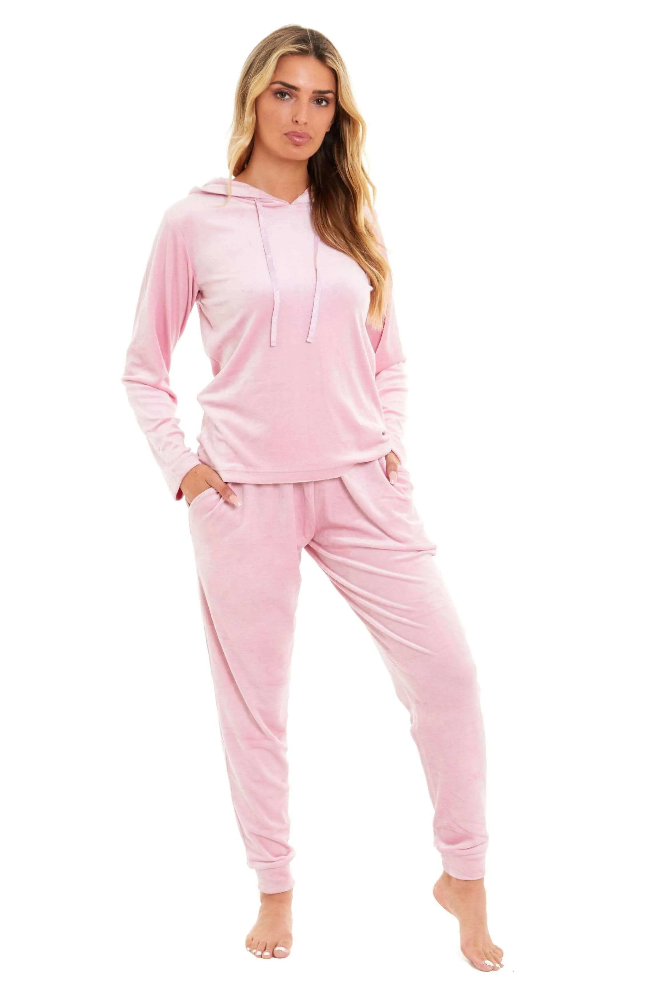 Women's Super Soft Velour Hooded Pyjama Set Comfortable Fleece Loungewear for Lounging Sleeping Pajama Parties in Pink Grey by Daisy Dreamer