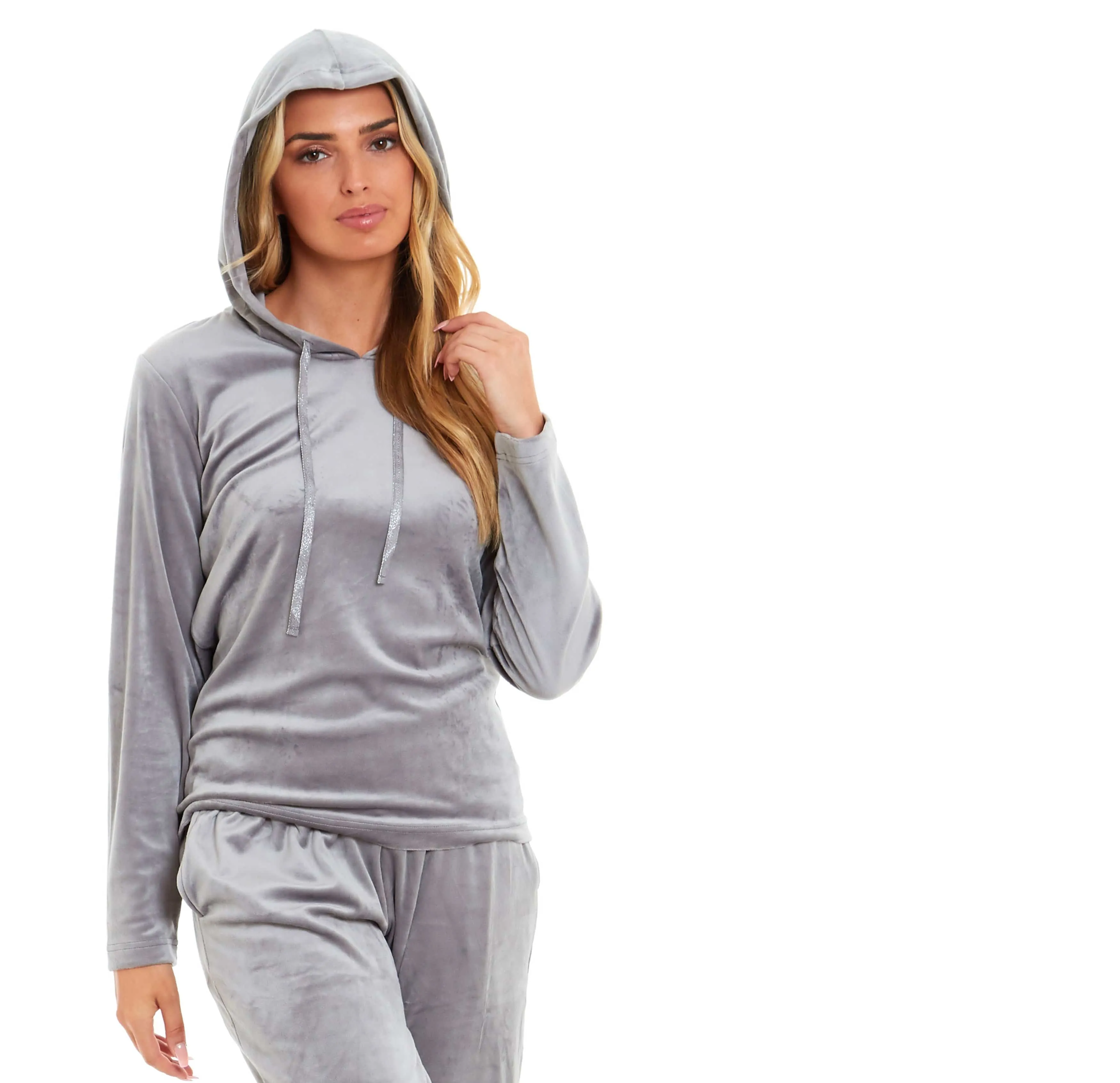 Women's Super Soft Velour Hooded Pyjama Set Comfortable Fleece Loungewear for Lounging Sleeping Pajama Parties in Pink Grey by Daisy Dreamer
