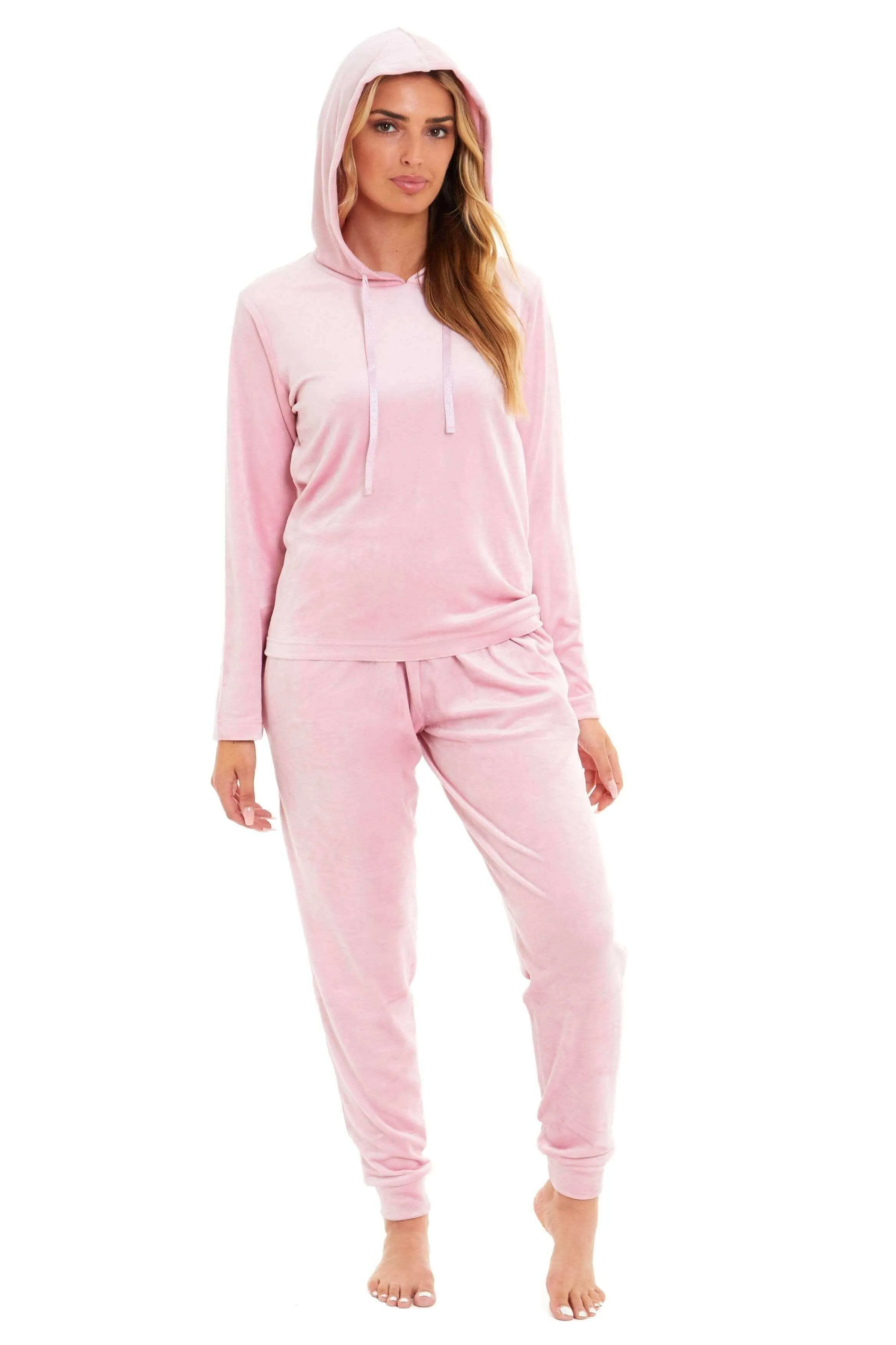 Women's Super Soft Velour Hooded Pyjama Set Comfortable Fleece Loungewear for Lounging Sleeping Pajama Parties in Pink Grey by Daisy Dreamer