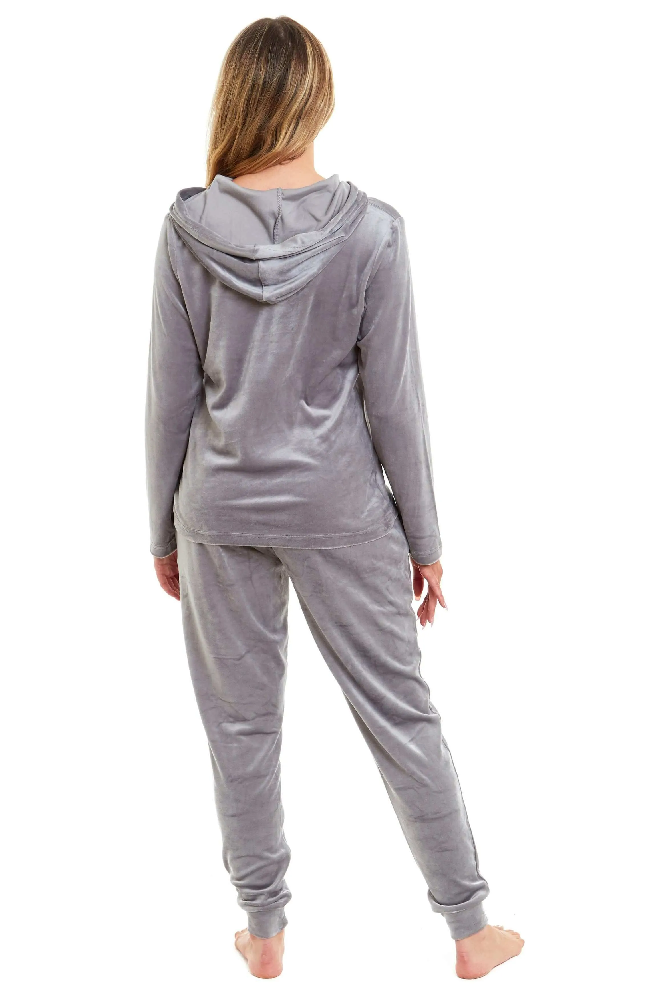 Women's Super Soft Velour Hooded Pyjama Set Comfortable Fleece Loungewear for Lounging Sleeping Pajama Parties in Pink Grey by Daisy Dreamer