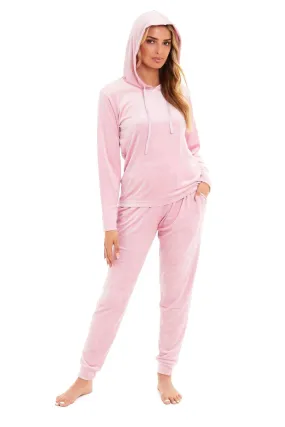 Women's Super Soft Velour Hooded Pyjama Set Comfortable Fleece Loungewear for Lounging Sleeping Pajama Parties in Pink Grey by Daisy Dreamer