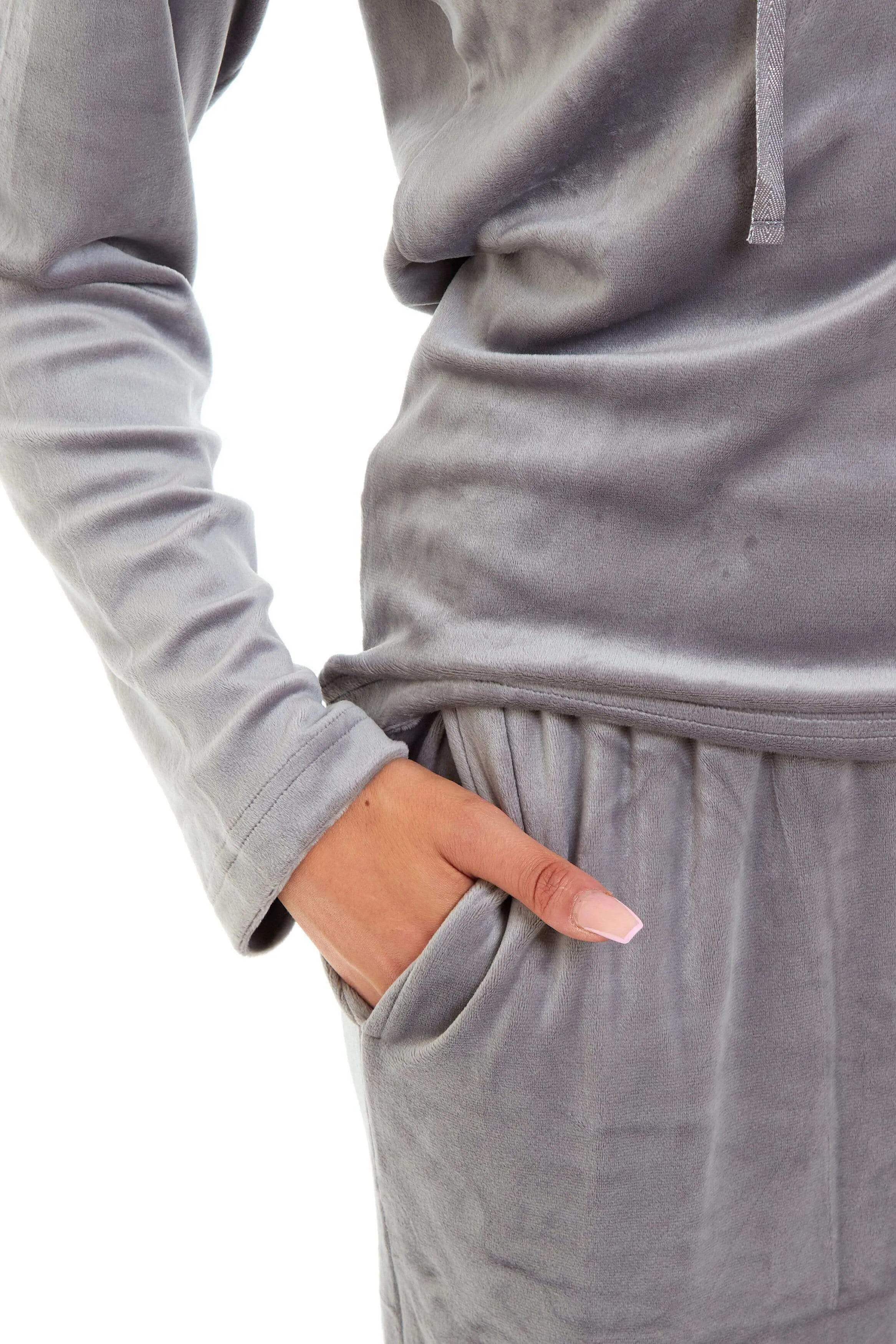 Women's Super Soft Velour Hooded Pyjama Set Comfortable Fleece Loungewear for Lounging Sleeping Pajama Parties in Pink Grey by Daisy Dreamer