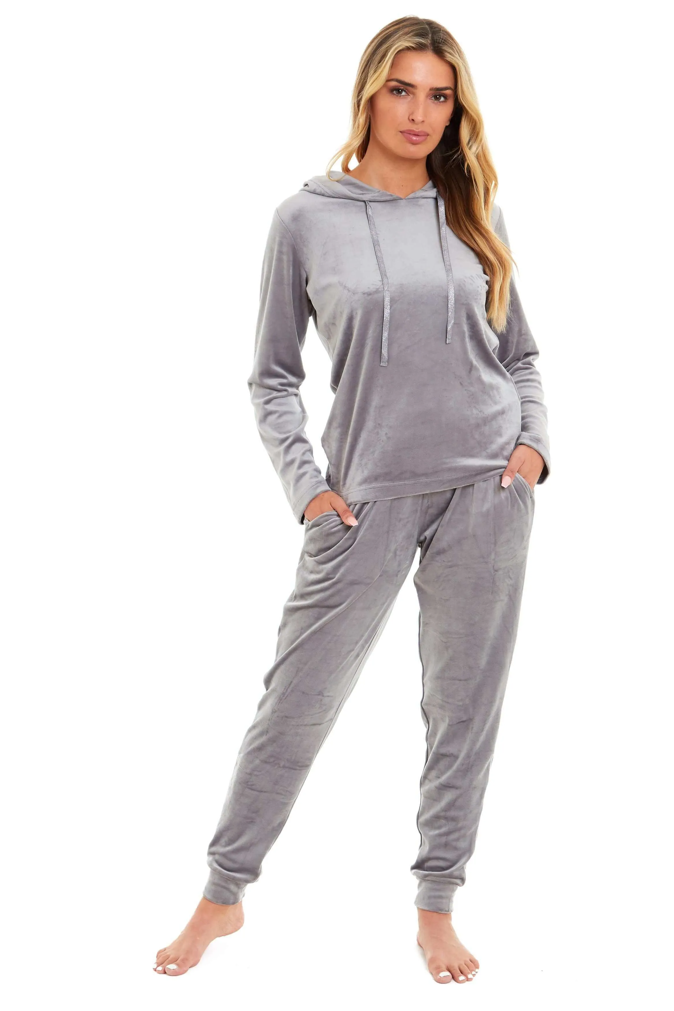 Women's Super Soft Velour Hooded Pyjama Set Comfortable Fleece Loungewear for Lounging Sleeping Pajama Parties in Pink Grey by Daisy Dreamer